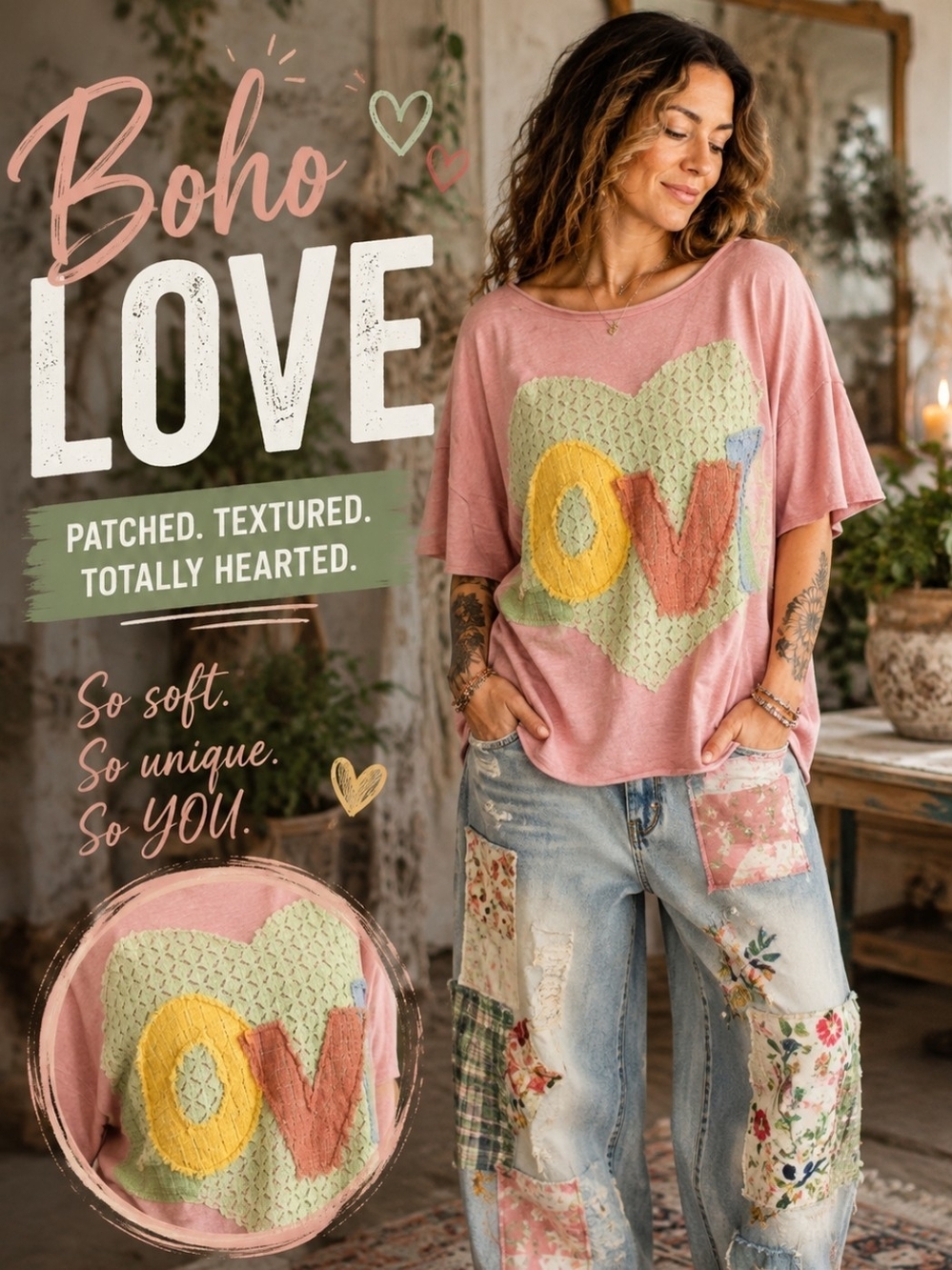 Boho Love Pink Heart Patch Tee - Soft Women's Top